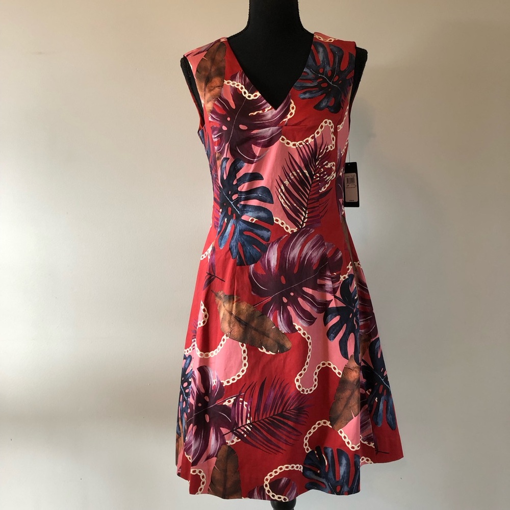 Women’s Guess Colombe Red Multi coloured Tropical Sleeveless Midi Dress size S